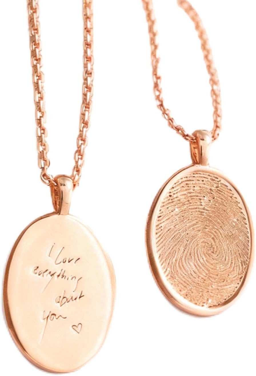 Drawelry Personalized Fingerprint Necklace, Custom Handwriting Engraved Pendant Sterling Silver Memorial Jewelry, Oval Necklace Anniversary Christmas Birthday Gift for Women Men