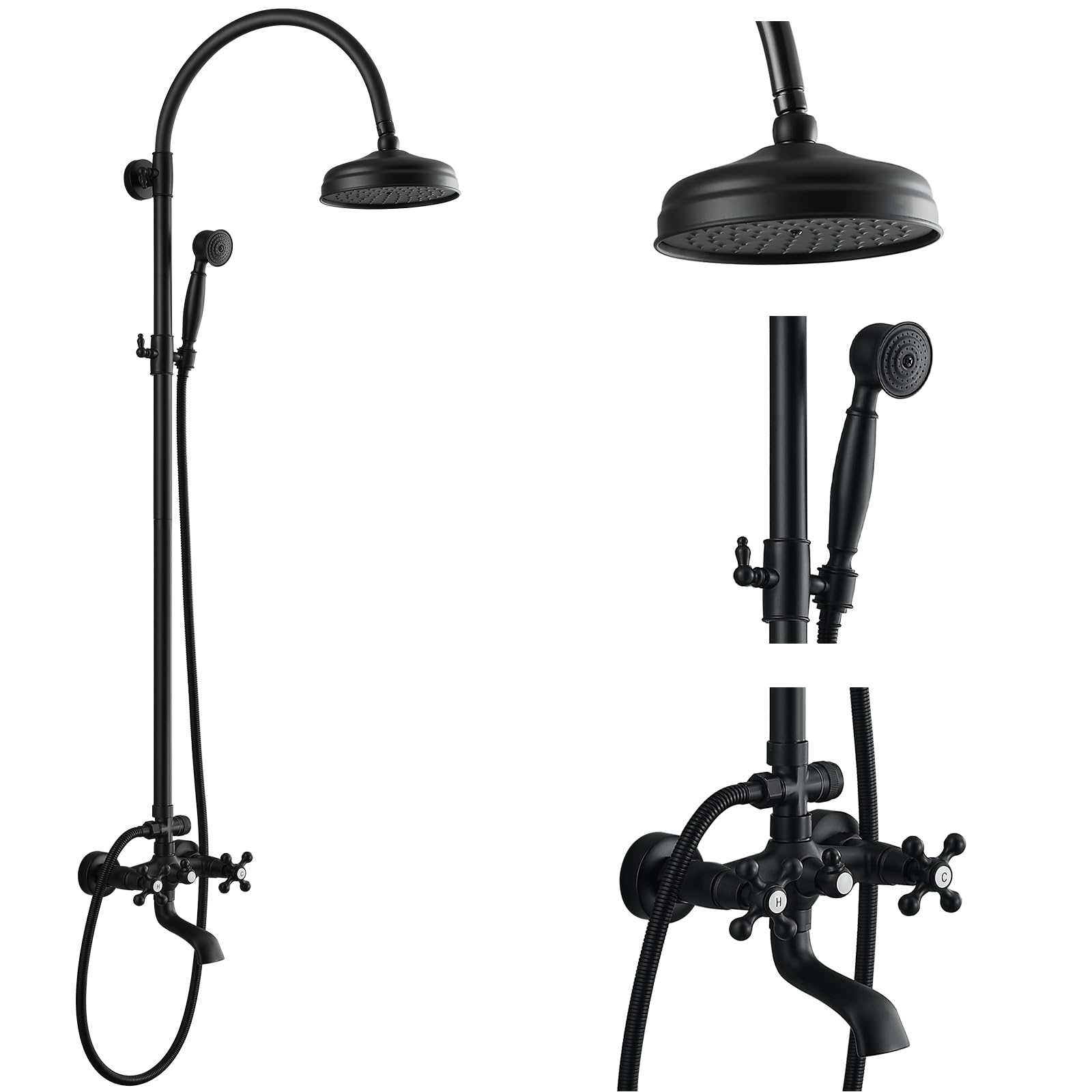 gotonovo Exposed Bathroom Shower System Classic Shower Kit 8 Inch Luxurious Rainfall Shower Head Handheld Spray Tub Filler Brass Pipe 3-Function Wall Mount Double Cross Knobs Matte Black