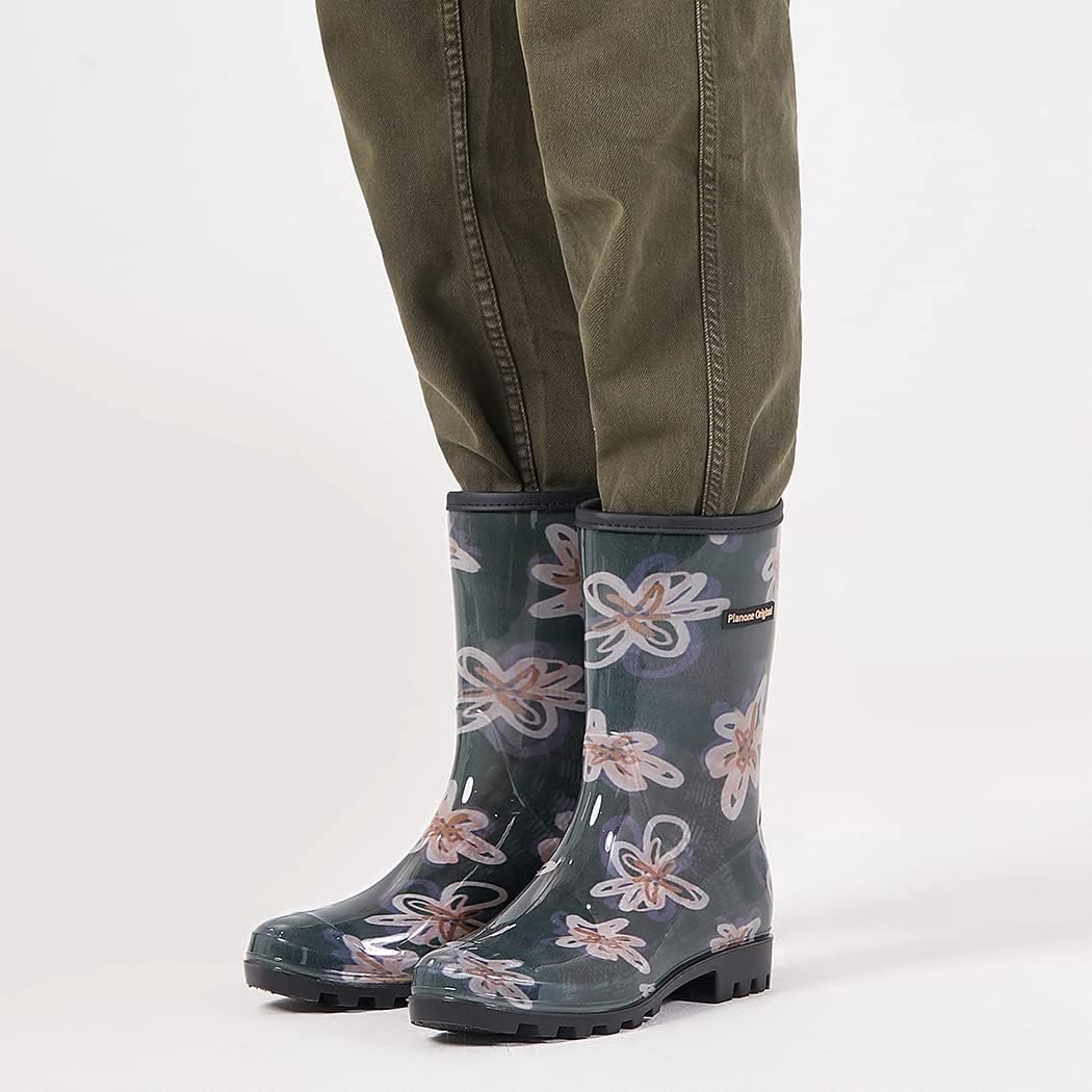 planone Flower Cloth Mid Calf Rain Boots For Women Waterproof Garden Shoes Anti-Slipping Rainboots for Ladies Comfortable Insoles Stylish Light rain Shoes Outdoor Work Shoes 10.5 Beige Flowers