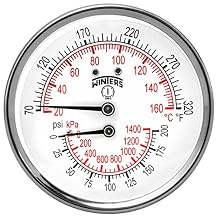 Winters TTD Series Steel Dual Scale Tridicator Thermometer with 2" Stem, 0-200psi/kpa, 3" Dial Display, 3-2-3% Accuracy, 1/2" NPT Back Mount, 70-320 Deg F/C