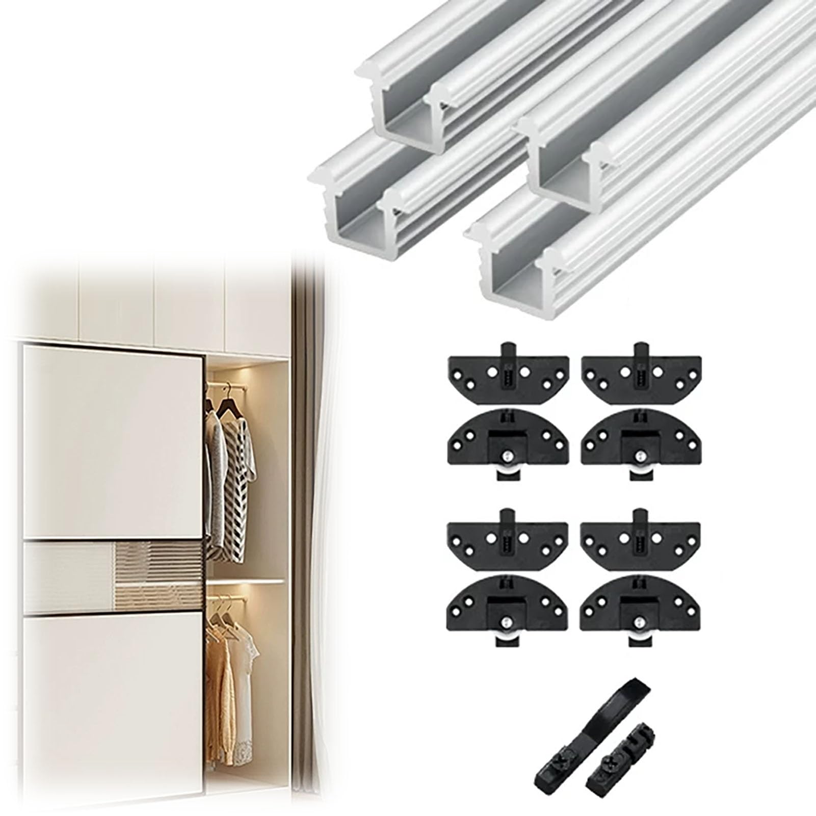 Prowadnica do drzwi przesuwnych z rolką PE, szyna rowkowana ze stopu aluminium, 1 zestaw(Staggered Door,200cm)