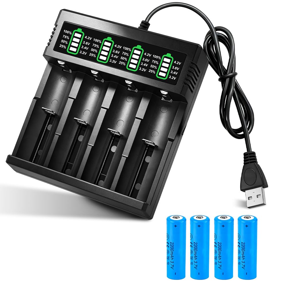 Battery Charger Set with 2 Pack 3.7V 2200mAh Battery Button Top Li-ion, 2-Bay 3.7V, Li-ion Rechargeable Batteries for 18500 21700 26650 14500 16340 10440 18650 (2 Pack) — view 8