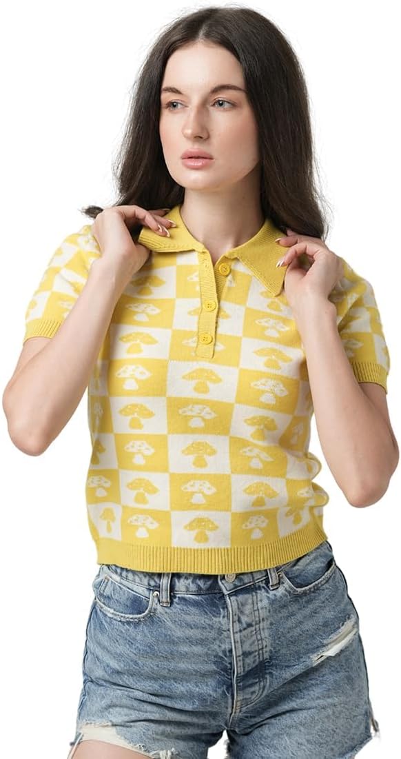 Womens Short Sleeve Sweater in Yellow with Medium Size | Short Sleeve Sweater for Women in Checkerboard Pattern | Womens Knit Tops Sweater Polo Women with Front Button Placket