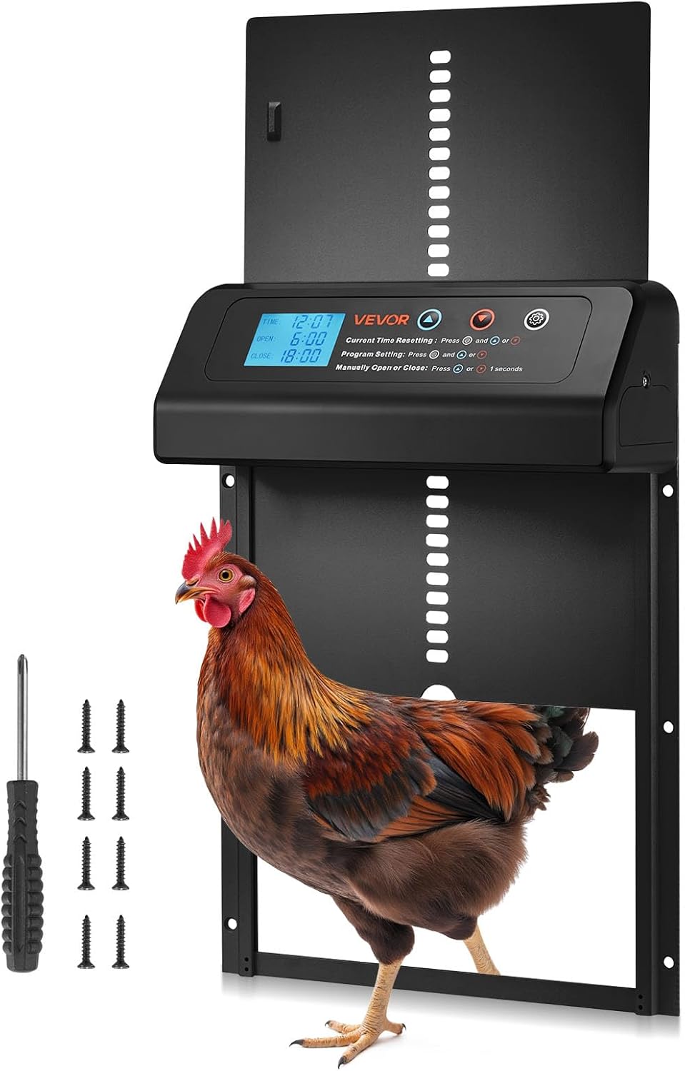 VEVOR Automatic Chicken Coop Door, Battery Powered Chicken Coop Door with Timer & Manual Setting, Anti-Pinch Security, Durable Aluminum Alloy, Auto Chick Run Gate Opener with Waterproof Sealing, Black
