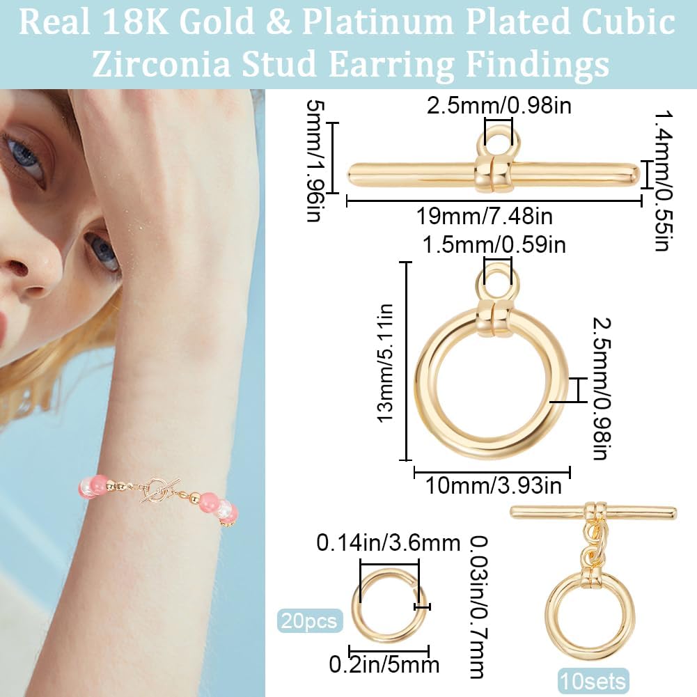 Beebeecraft 1 Box 10Pcs T-bar Closure Connectors 18K Gold Plated Smooth Ring Toggle Clasp End Clasps Connector Sets with 20Pcs Open Jump Rings for DIY Jewellery Making Necklace Bracelet - Image 2