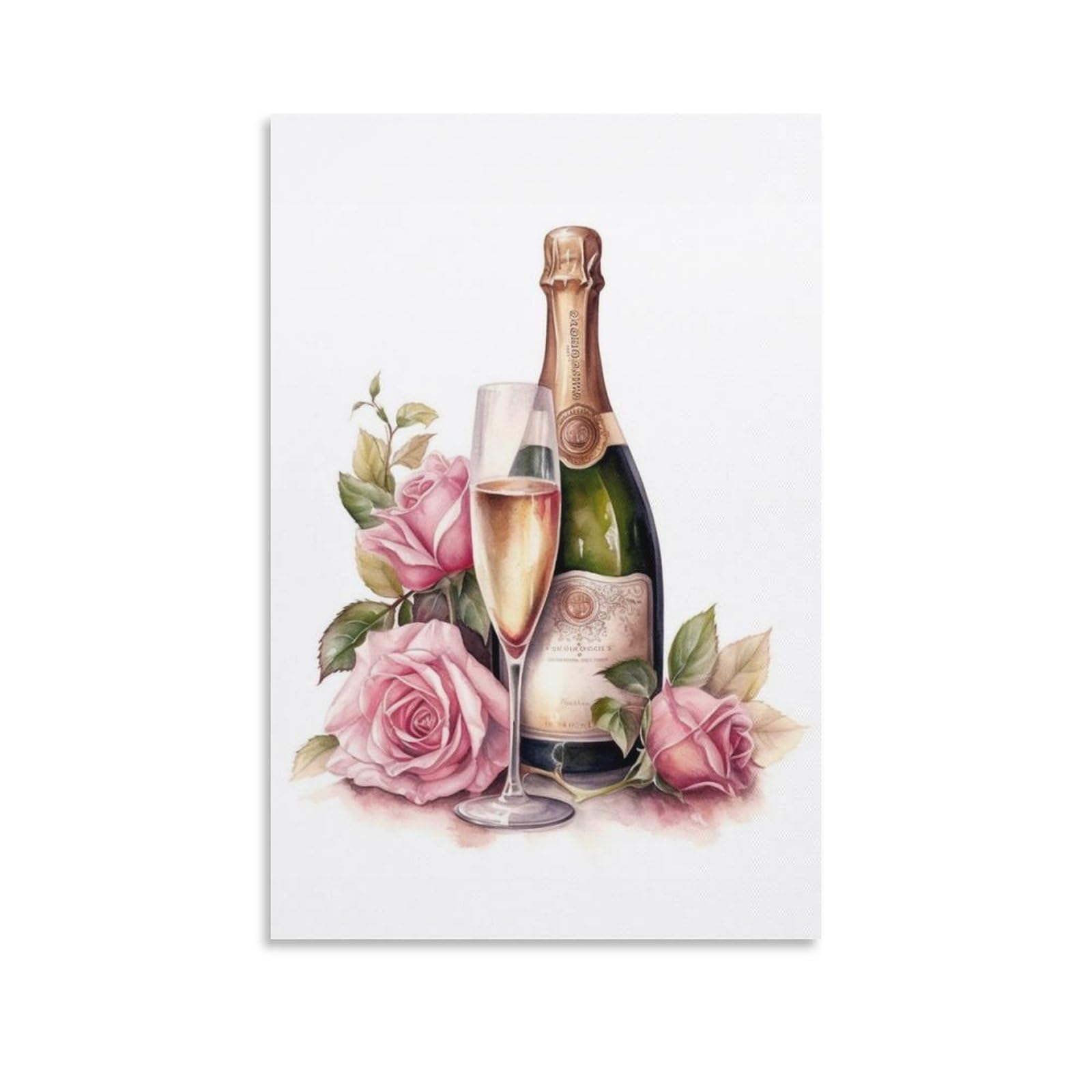 FireDeer Champagne Bottle and Rose Poster Pink Drinks Canvas Wall Art Aesthetic Painting Picture for Kitchen Bar Dining Living Room Decor (1-Watercolor,16x24inch-Unframe)