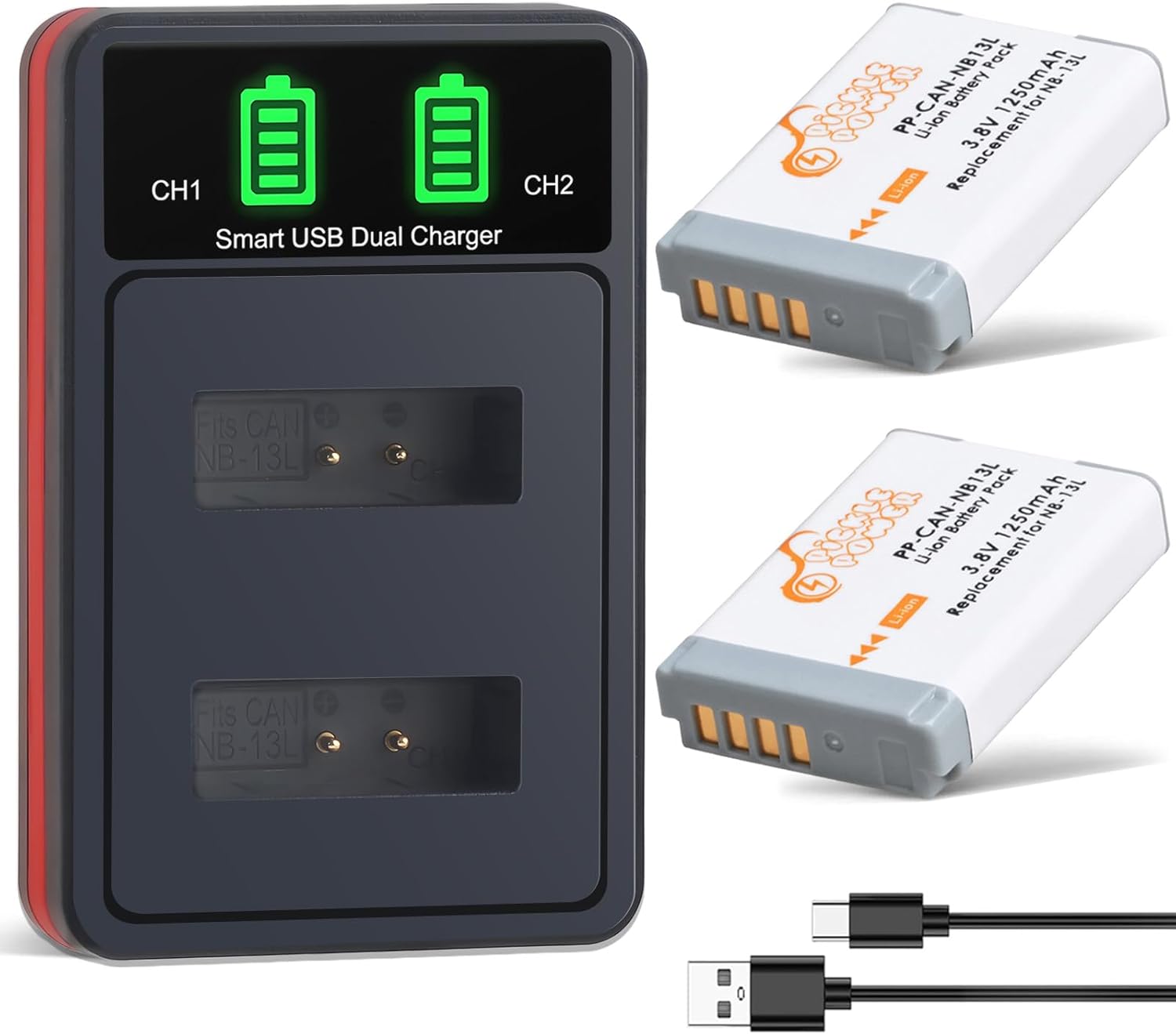 Pickle Power 2-Pack NB-13L Battery and LED Dual Charger for Canon PowerShot SX740 HS, G7 X Mark II, G7 X, G1 X Mark III, G5 X, G9 X, G9 X Mark II, SX620 HS, SX720 HS, SX730 HS Camera