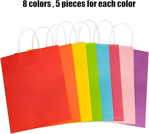 Miniatura 4 de Bekoetoz 40 bolsas de regalo de papel kraft blanco con asas, 8 colores de 8.3 x 5.9 x 3.2 pulgadas, bolsas de regalo a granel para cumpleaños,