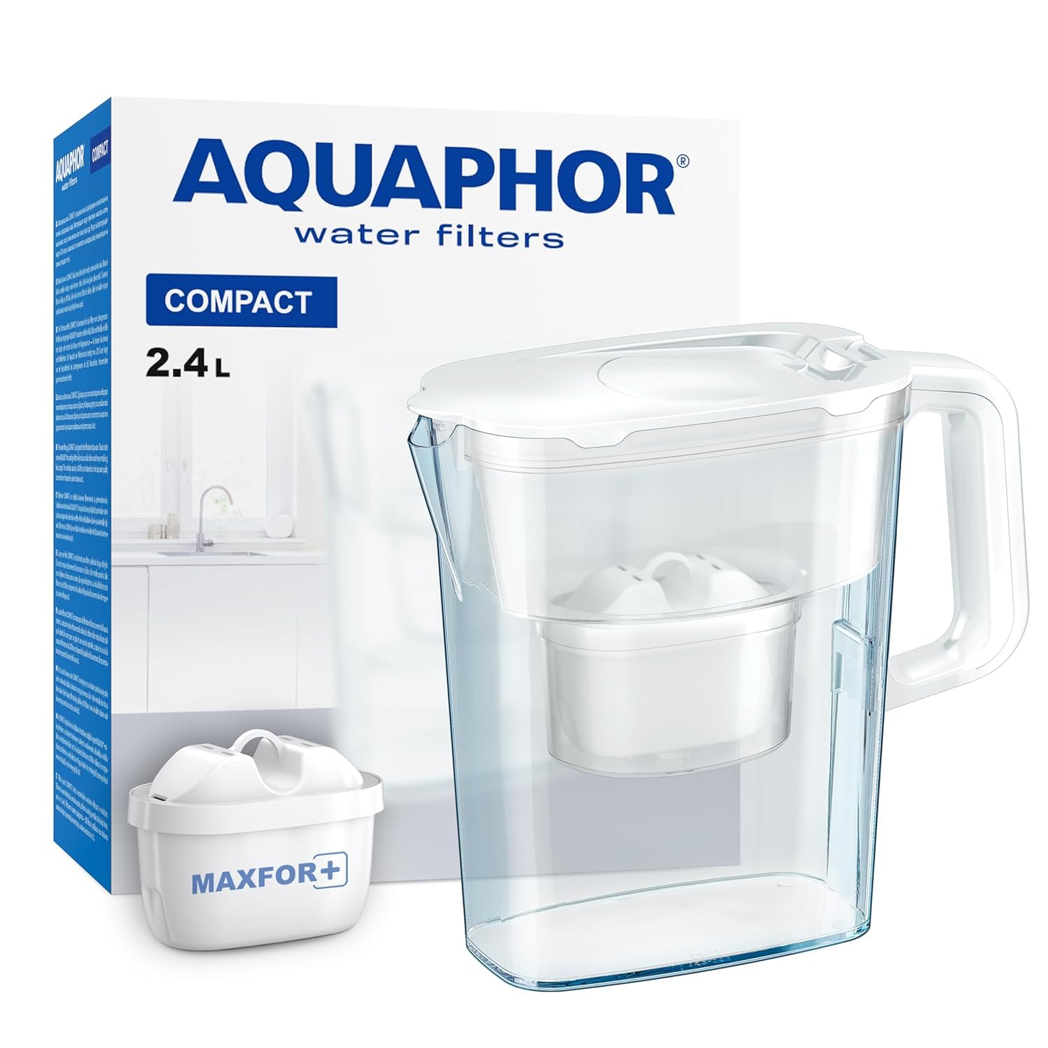 AQUAPHOR Water Filter Jug Compact with 1 X Maxfor+ Filter - 2.4L Capacity - White - White