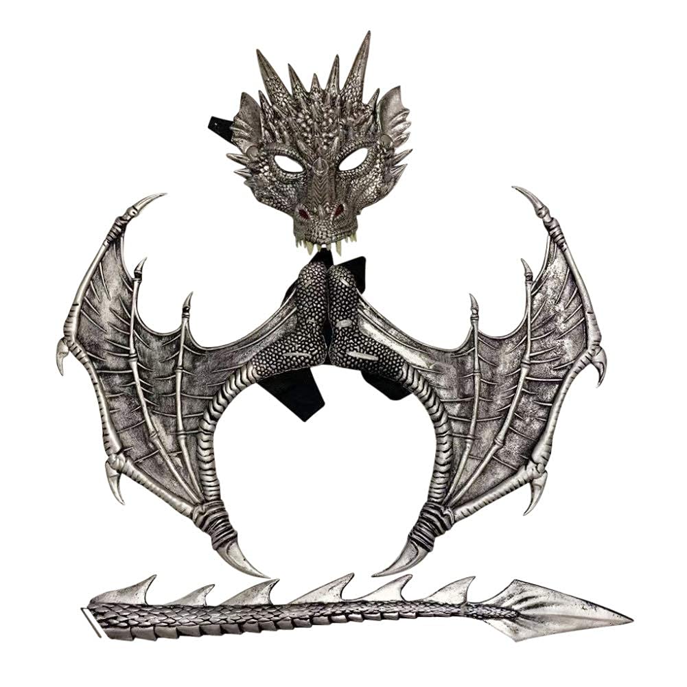 MWRDSM Children's Dragon Wing Costume Dinosaur Tail Mask Set Cosplay Kids Halloween Dragon Costume - Silver