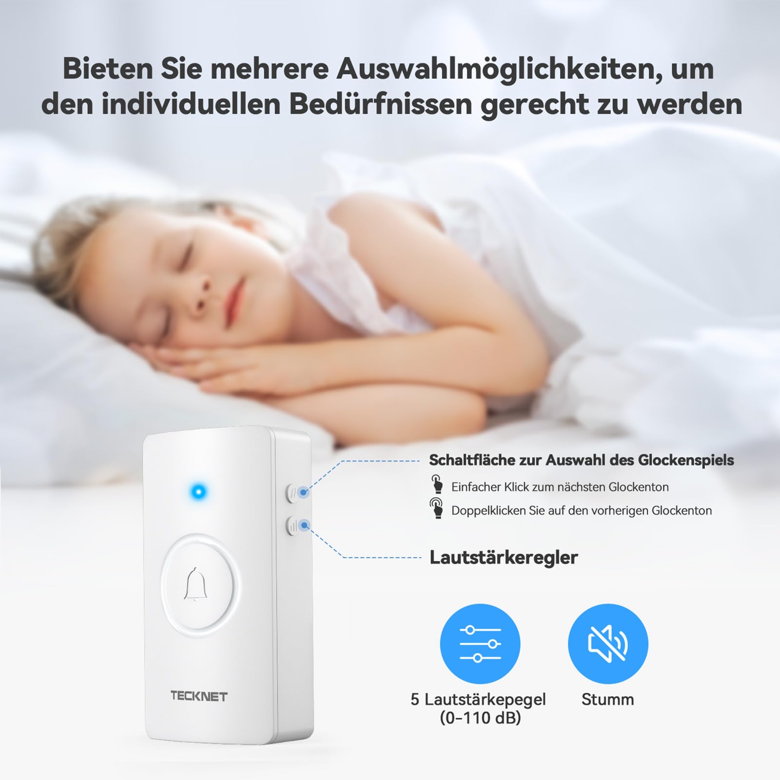 TECKNET Funkklingel, Batteriebetriebene Türklingel mit 4 Empfängern & 2 Sendern, Haustür Klingel Set 400 m Reichweite, IP67 Funkklingel Aussen Wasserdicht, 5 Lautstärkestufen und 60 Melodien, Weiß