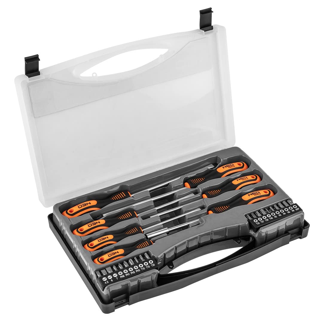 NEO TOOLSScrewdriver Set 27 pcs.: 6 Screwdrivers, Screwdriver Holder for bits, 19 Driver bits, 4 Cross, 7 Torx, 5 Hexagonal, CRV Steel, Magnetic tip, Tri-lobular Two Material Handle