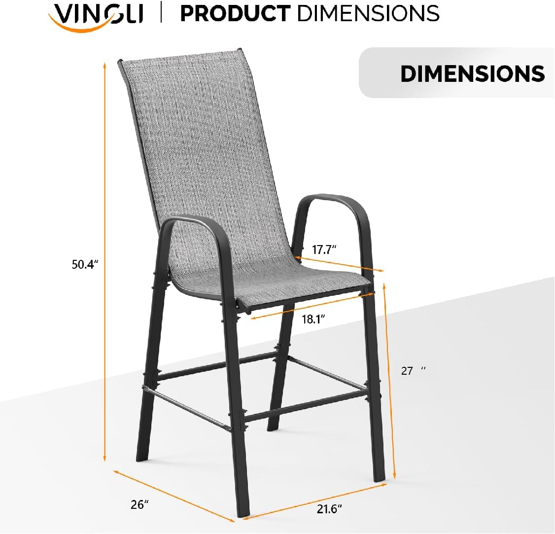 VINGLI Set of 4 Stackable Outdoor Bar Stools – Sling Chairs with High Back & Armrests, for Lawn, Garden, Bar, Grey