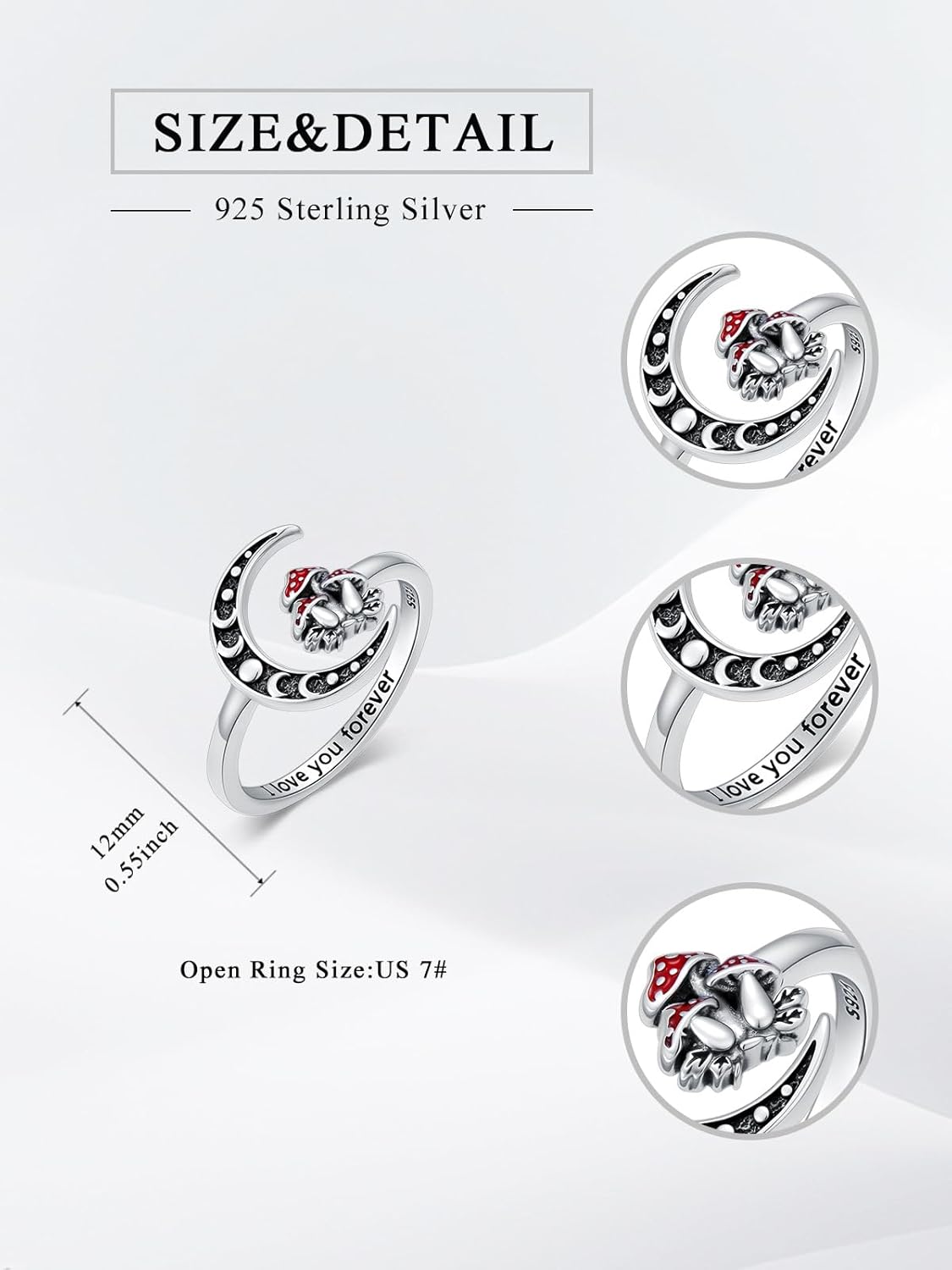 Mushroom Rings 925 Sterling Silver Mushroom Open Adjustable Ring Natural Jewelry Gifts for Women Mom Her