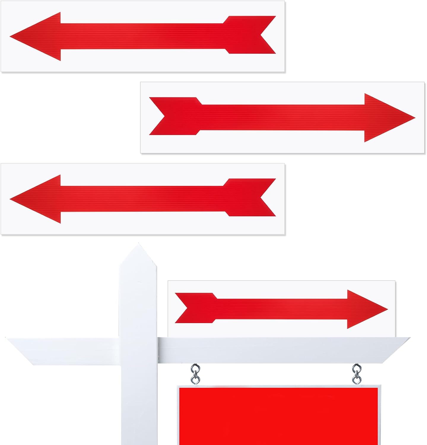 4 Pcs 6 x 24 Inches Arrow Sign Real Estate Sign Riders Red Large Yard Corrugated Plastic Double Sided Directional Arrows for Indoor Outdoor Lawn Garden Ground