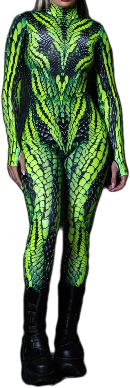 Green Snake Scale Bodysuit Women Halloween Reptile Skin Cosplay Costume Sci-Fi Party Jumpsuit with Zipper