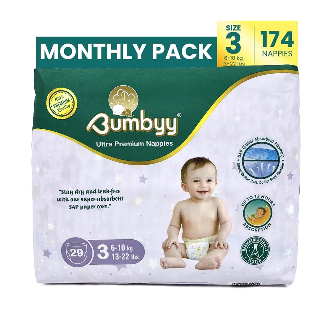 Baby Nappies Size 3 Bumbyy 174 -(1Pack) – Ultra-Absorbent Leak-Proof Nappies for Sensitive Skin, Hypoallergenic & Dermatologically Tested Soft Thin 12hr Dry Baby Diapers for Babies 6–10kg