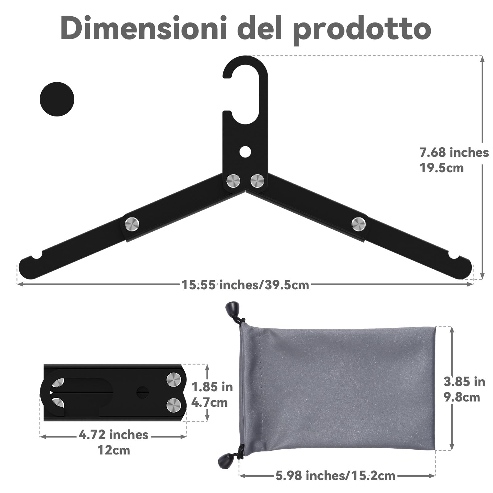 Sazfli Gruccia da Viaggio Pieghevole in Alluminio (3 Pezzi) – Leggera & Compatta con Porta Abiti Antivento, Ideale per Campeggio/Crociera – Nero