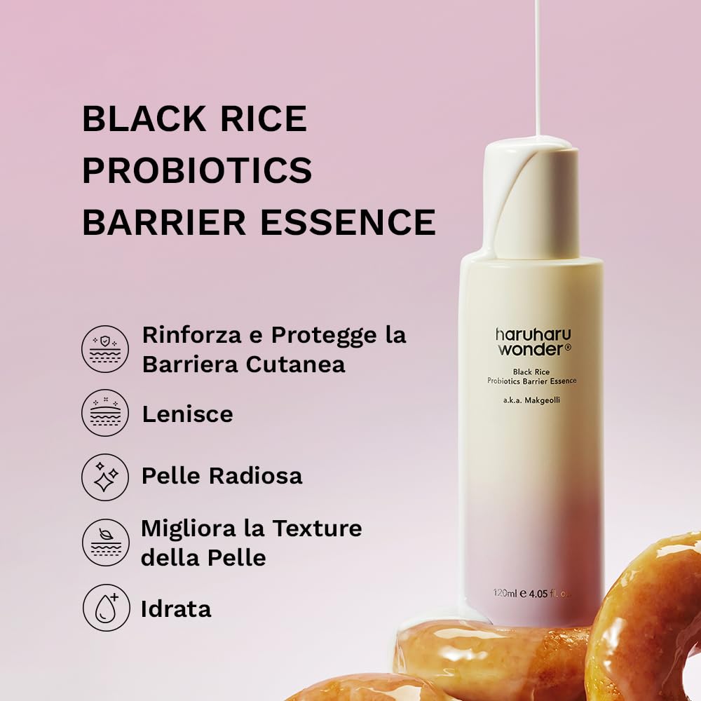 haruharu wonder Black Rice Probiotics Barrier essence 120ml, Tonico Essenza rinforza la barriera cutanea, con ceramidi, ingredienti fermentati, idrata, rimpolpa, lenisce