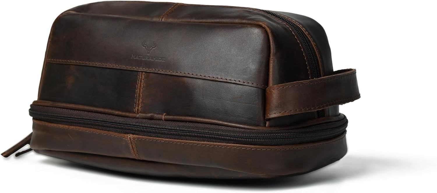 Leather Toiletry Bag – Full Grain Cowhide, Travel Kit with Brass Zipper & Wax Thread Stitching Capacity 1L