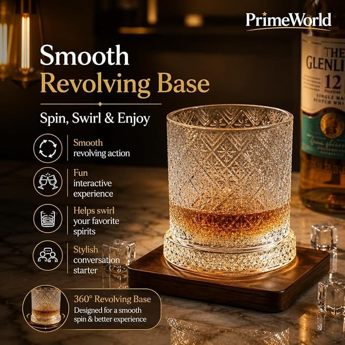 Image of PrimeWorld Premium Rotating Whiskey Glasses - 300ml | Set of 6 | LED Button Cell 360 Spinning Crystal Old Fashioned Tumblers | Lead-Free Carved Cut Rocks Glasses for Whiskey, Scotch, Bourbon, Brandy