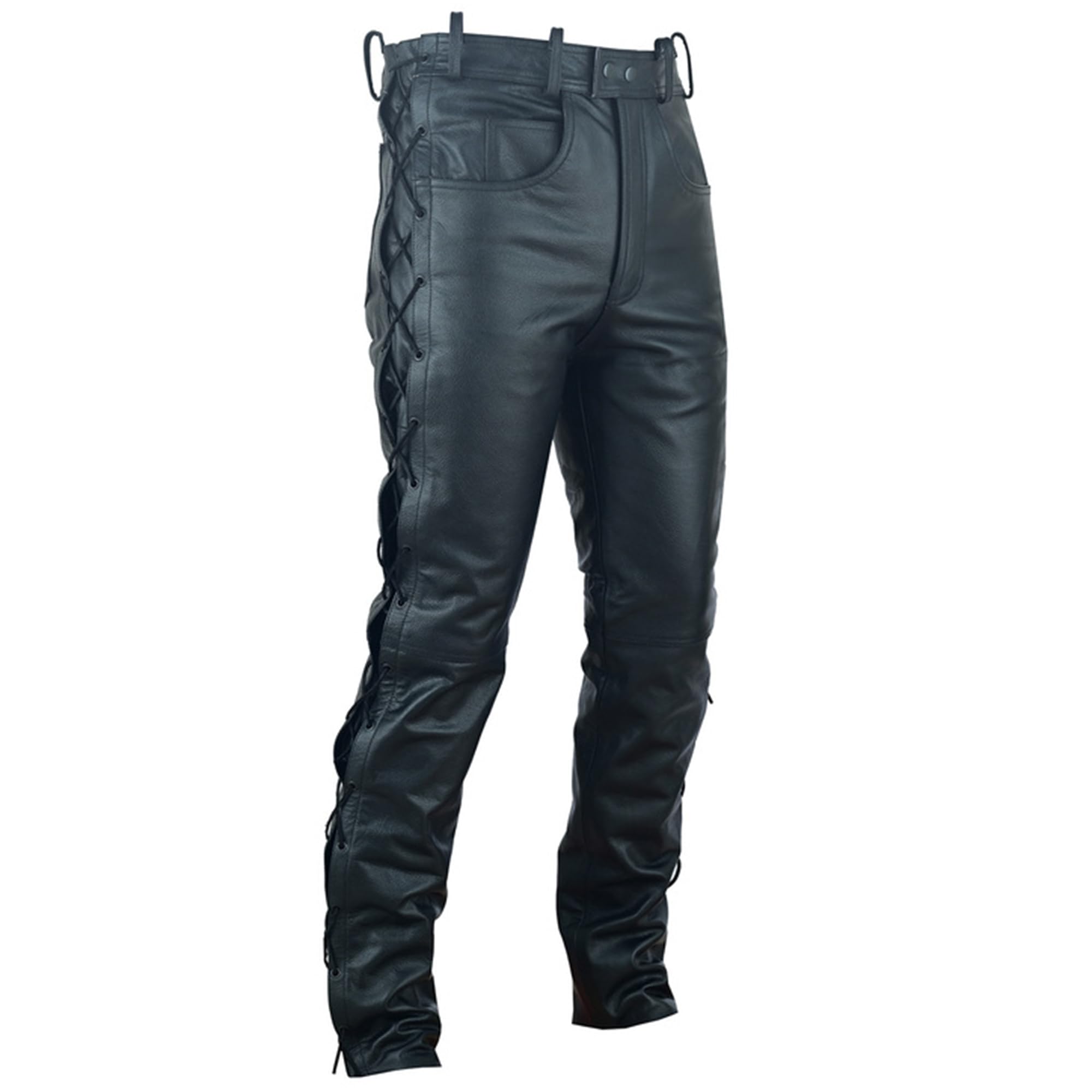 German Wear Lederhose lederjeans bikerjeans Büffelleder seitlich geschnürt Schwarz
