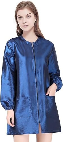 TOPTIE Chaqueta de satén de manga larga con corte de pelo para el aseo del cabello, Azul Patchwork, L