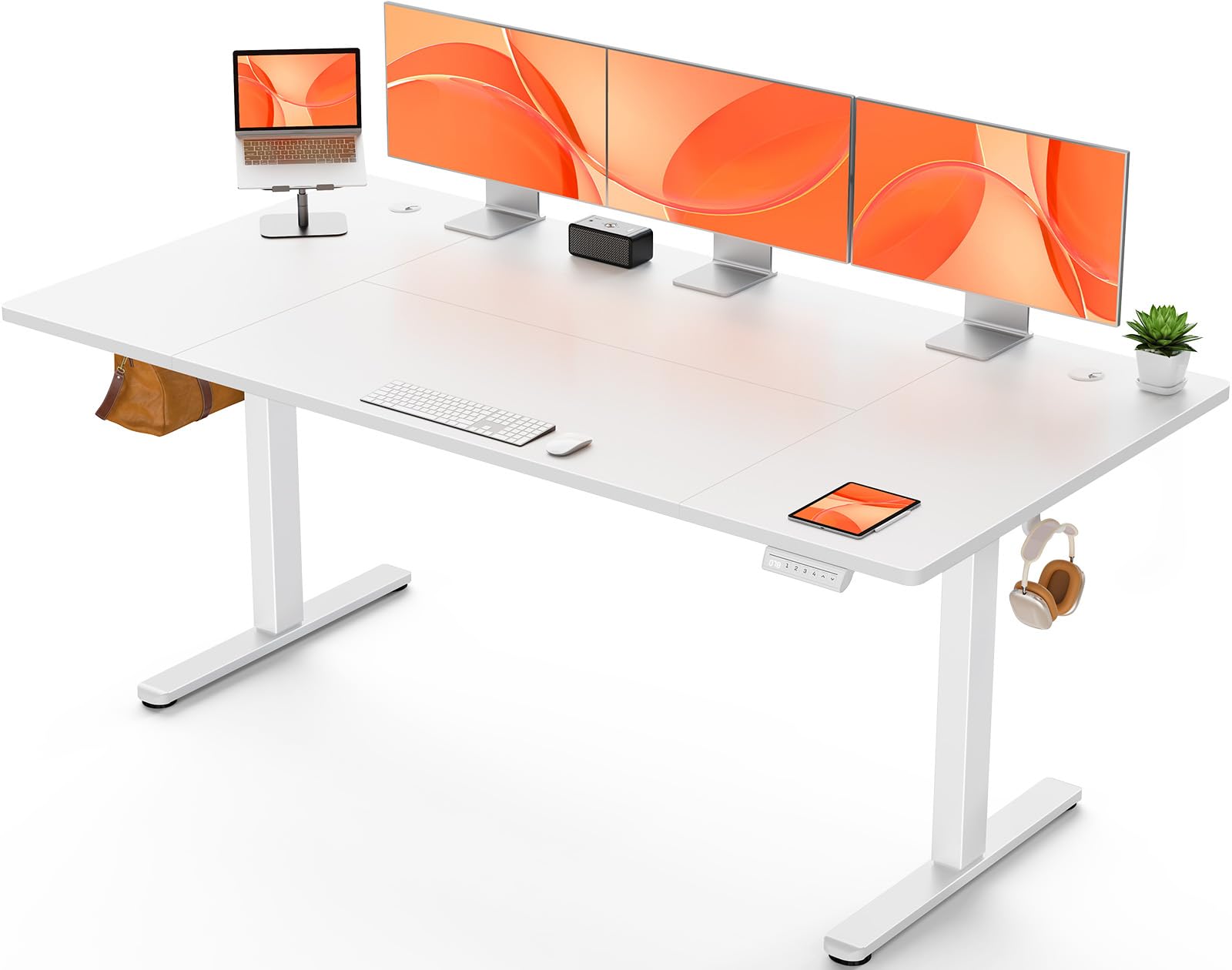 ErGear Scrivania Regolabile in Altezza da Ufficio, 160x80cm, Bianca | Regolazione 72-118cm, 4 Memorie, 80kg, <50dB, Telaio Acciaio, 2 Ganci, Passacavi, Piano Assemblato.