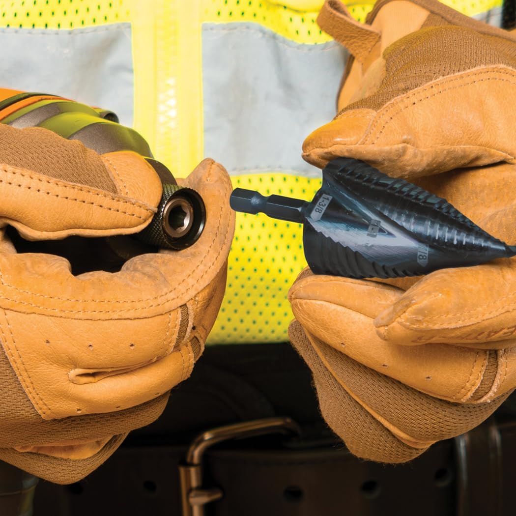Klein Tools QRST15 wiertło stopniowe, spirala szybkiego uwalniania, podwójnie gwintowana, 7/8 do 1-3/8 cala, chwyt sześciokątny, stal cięta, drewno, plastik, aluminium