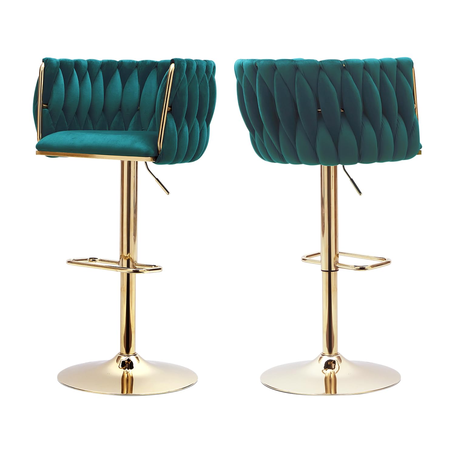 Green Velvet Bar Stools Set of 2 - Modern Adjustable Swivel Counter Height Chairs with Woven Back for Kitchen Island, Dining, Cafe, Pub