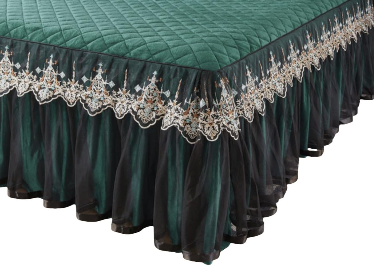 Lace Bed Skirt & Bedsheet Dust Ruffle Bedskirt Layers,17.7" Drop,Anti Wrinkle & Fade Resistant(CD026Green,Queen+Pillowcases)