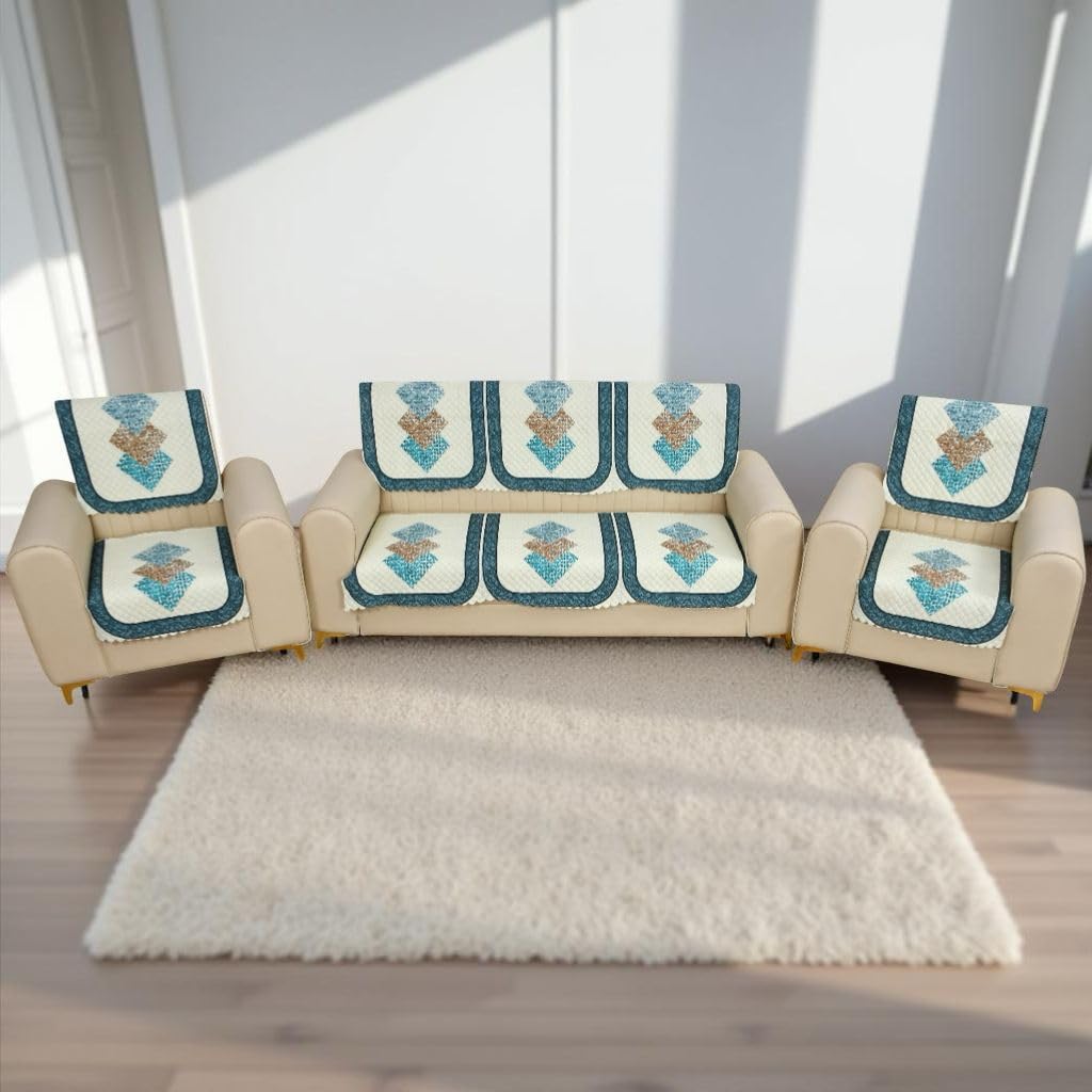 Sofa Cover Set, Teal and White, Geometric Diamond Pattern, 5 Seater, 3+1+1 Seating-Pack of 10-image-1