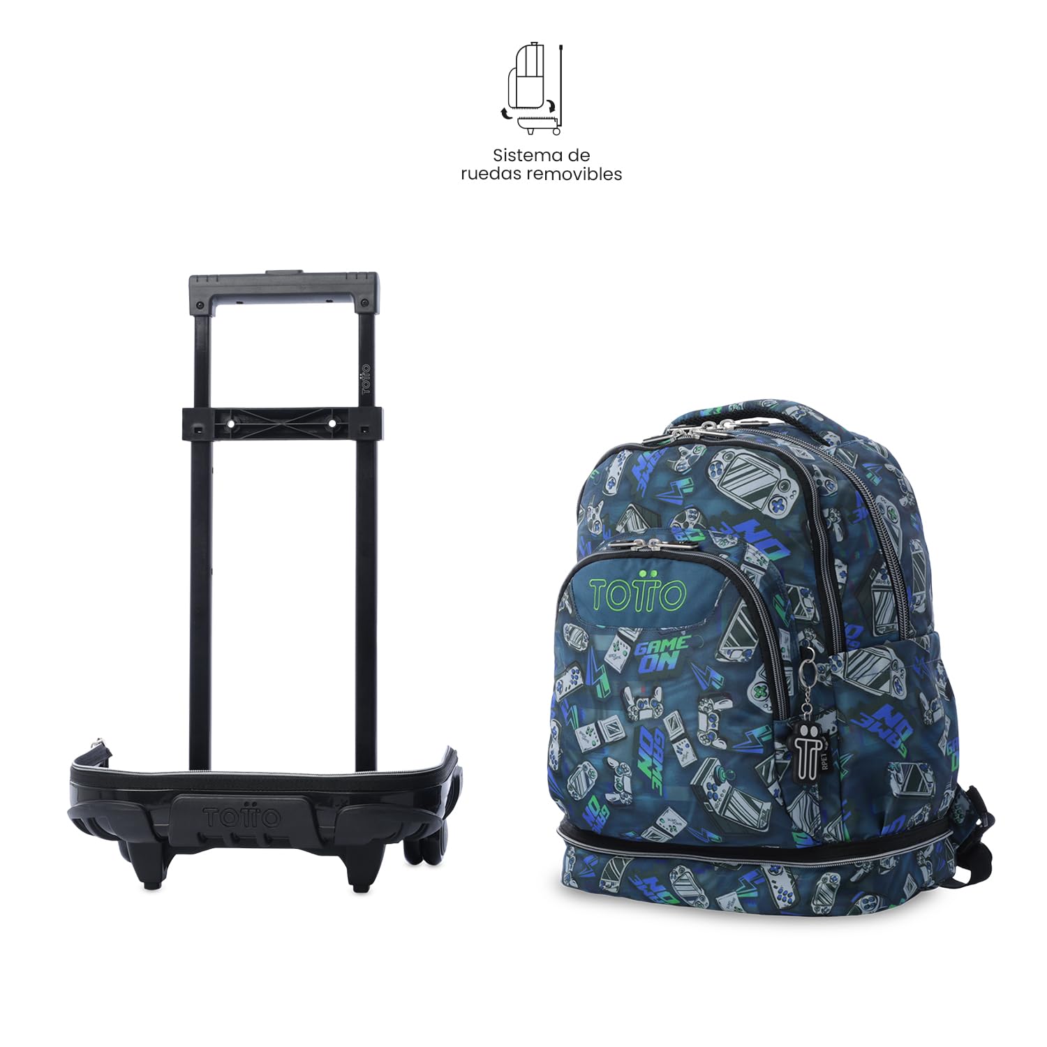 TOTTO - Mochila Escolar con Ruedas Desmontables, Modelo Tiza, Capacidad 26 L, Mochila PC 15.4", Bolsillo Botella, Manija Telescópica, Espaldar Ergonómico y Correas en S, Estampado Button Azul