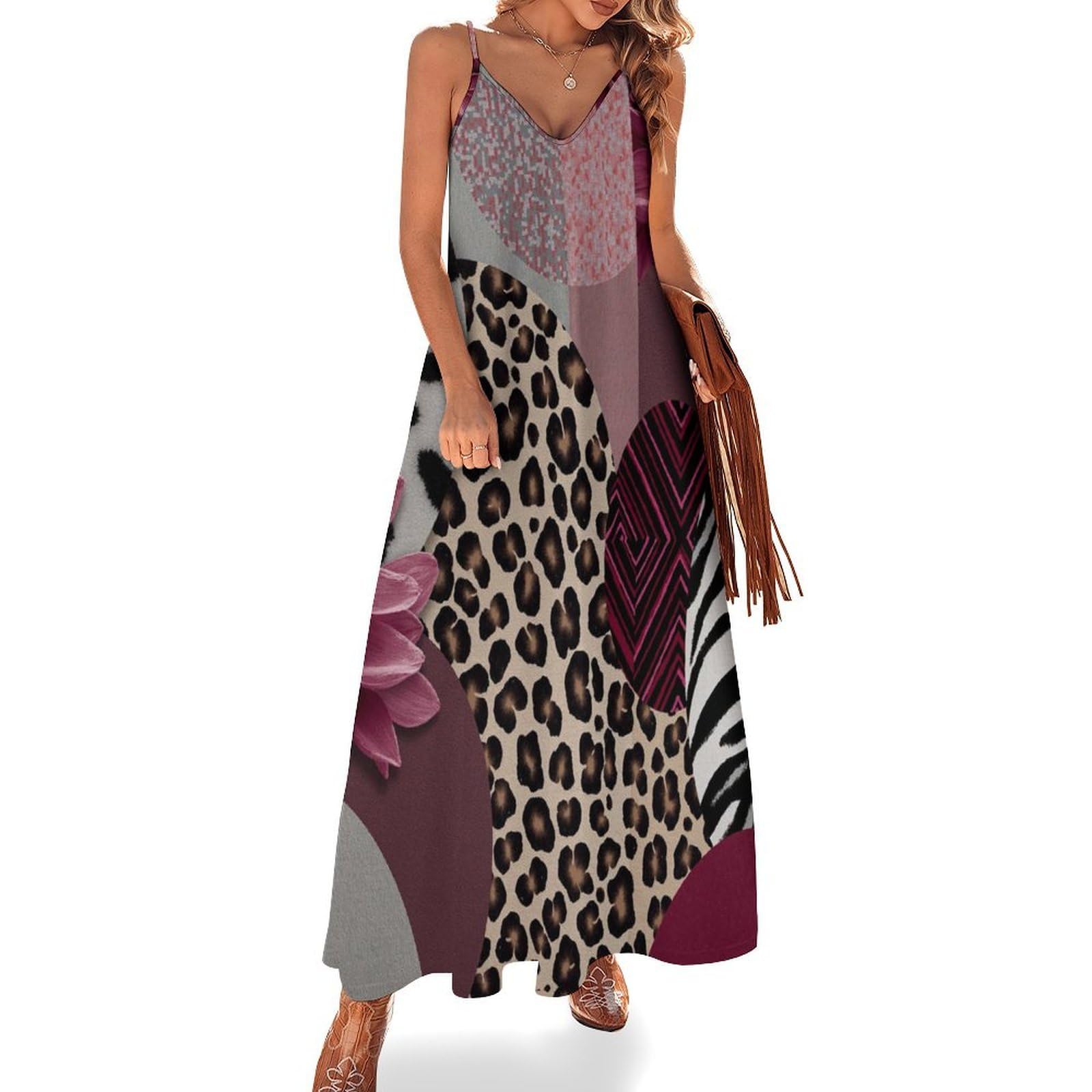Robe longue léopard patchwork violet avec col V et imprimé géométrique unique - 8