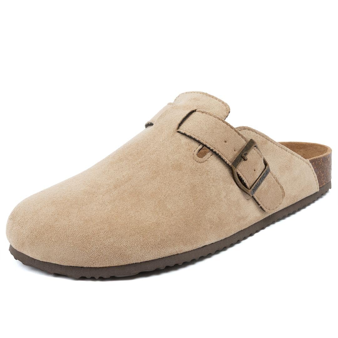 Nautica Men’s Clog Mule Sandals, Slip On Comfort Shoes with Adjustable Buckle, Vegan Suede Upper, Cork Footbed, Arch Support for Everyday Wear