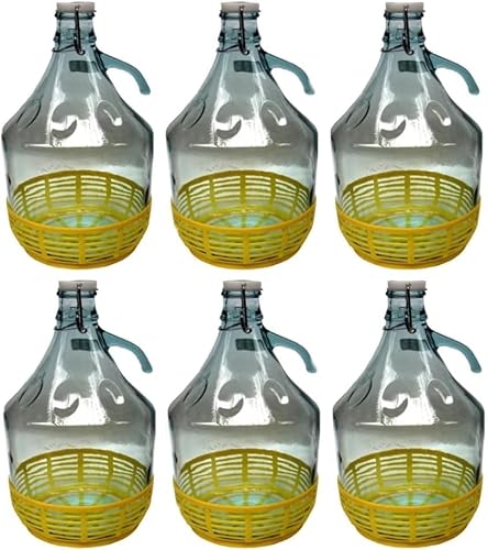 Firmadigaranzia srl 6 x Damigiana, Fiasco, Bottiglie di Vetro, da 5 l, con Chiusura a Tappo ERMENTICO e cestello - Dama Vetro 5L per Acqua Vino Olio - BOCCIONE Vetro per STOCCAGGIO