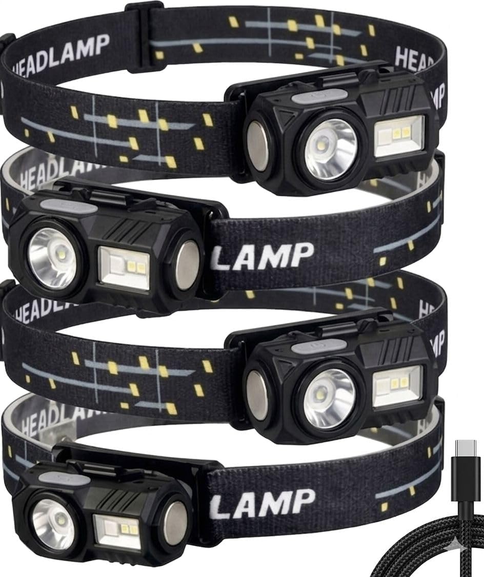 Ranger LED Headlamp Pack of 4 -Rechargeable, Motion Sensor, 200 Lumens, IP 44 Waterproof