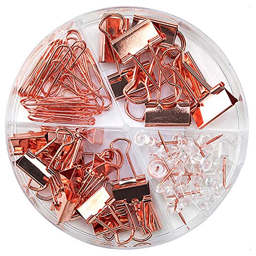 Paper Clips Binder Clips Push Pins Sets with Acrylic Box for Office Supplies, School Accessories and Home Supplies (Rose Gold)