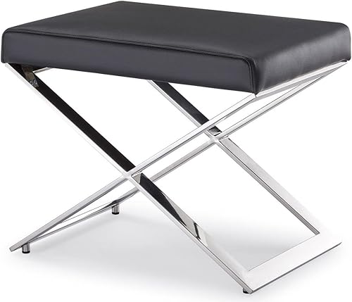 Miniatura 4 de Zuri Furniture Modern Fenix - Otomana de cuero sintético negro con acero inoxidable cepillado