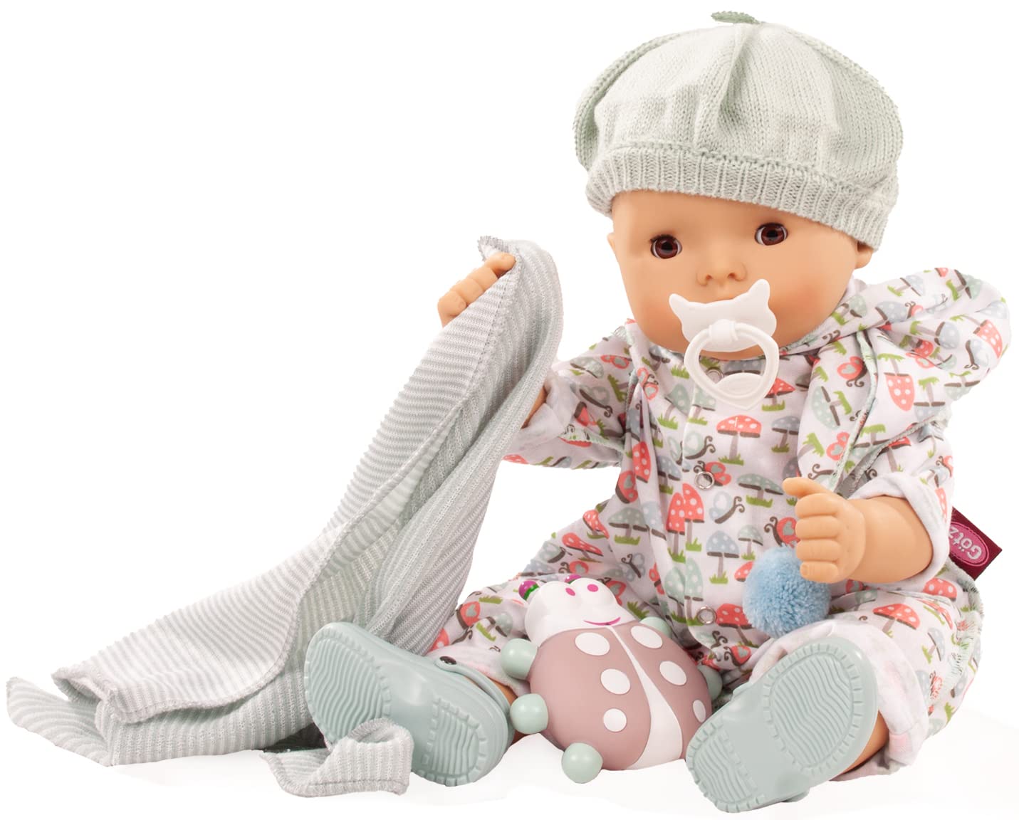 Götz 2318048 Maxy Aquini Glückspilz Puppe 42 cm Badepuppe 8-TLG | für Kinder ab 3 Jahren, Babypuppe, braune Schlafaugen, Hartkörper, Kapuzenanzug, Badetuch, Wasserspritztier