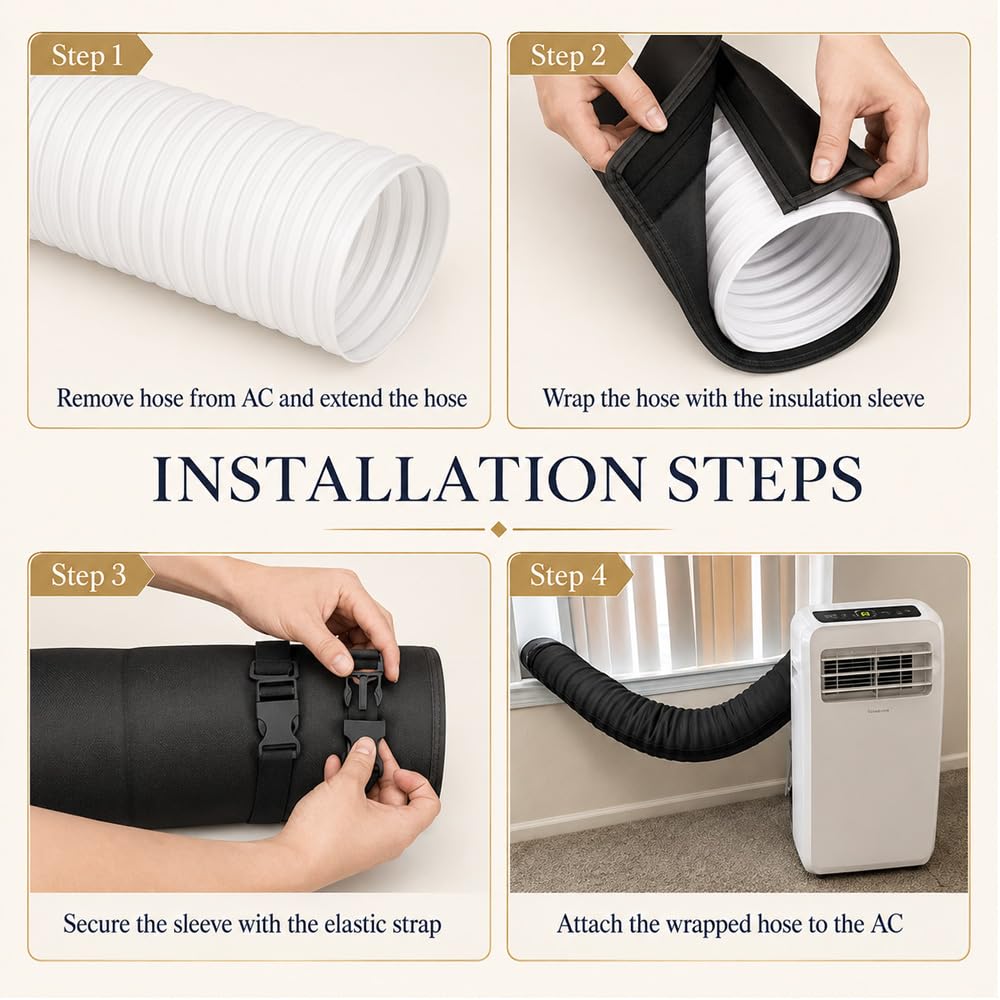 Przenośna tuleja izolacyjna węża AC do Klarstein Metrobreeze Smart 12000 BTU czarna / 10035801, do węża wydechowego o średnicy 12,7 cm i 15 cm, łatwa instalacja z 3 regulowanymi paskami klamrowymi