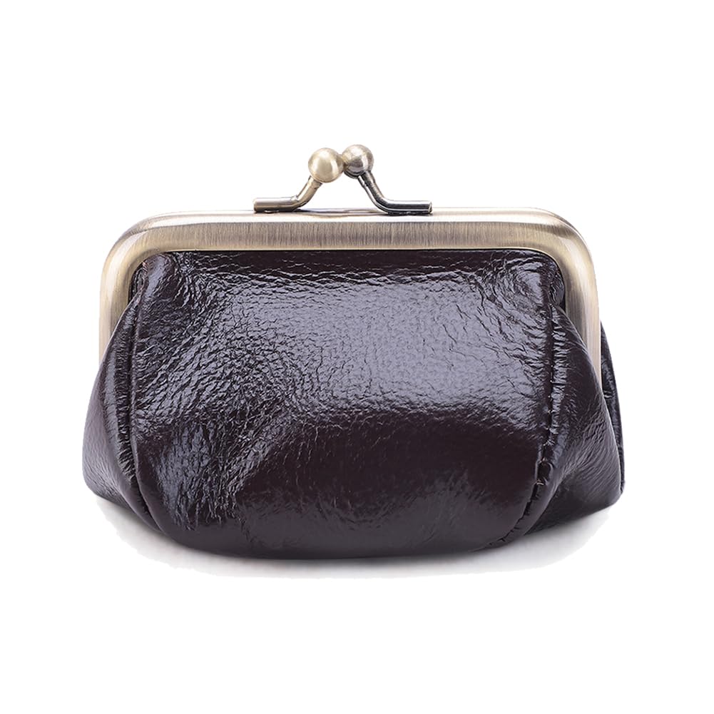 ZZHAOYI Genuine Leather Mini Vintage Coin Purse Kiss Lock change purse Cute Coin Purse Coin Organizer (Coffee)