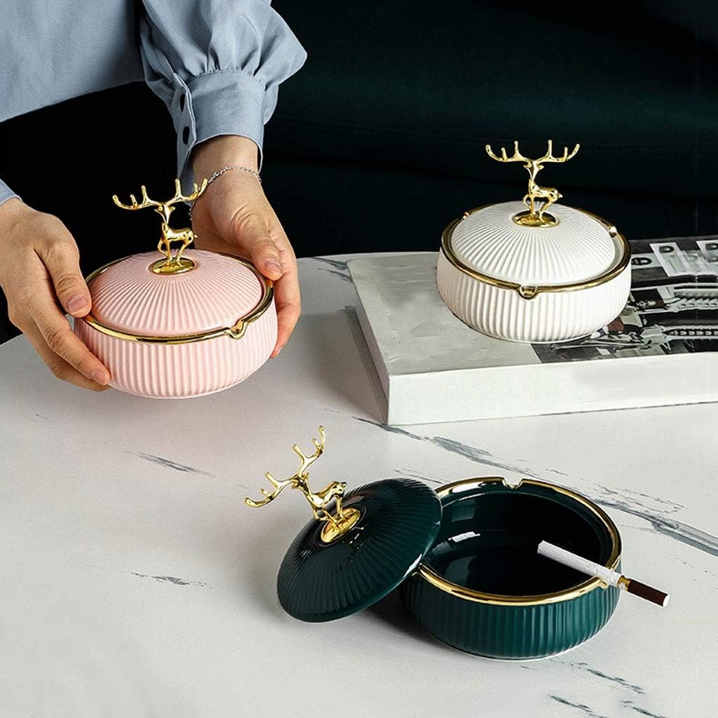 Ashtray Ceramic Ashtray With Lid Outdoor Indoor Home Office Desktop Car Decoration Gold Elk Cover Ashtray 5.23 * 1.85 inch Windproof Ashtray for Cigarettes (Color : Pink)