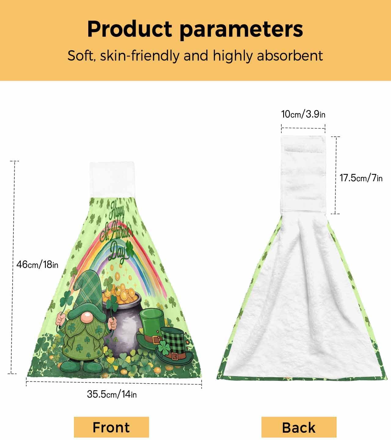 Green Gnomes St. Patrick's Day Kitchen Hand Towels with Hanging Loops Set of 2 Lucky Clovers Rainbow Soft Thick Oven Fingertip Dry Microfiber Tie Dish Towel Absorbent Cleaning Washcloth for Bathroom