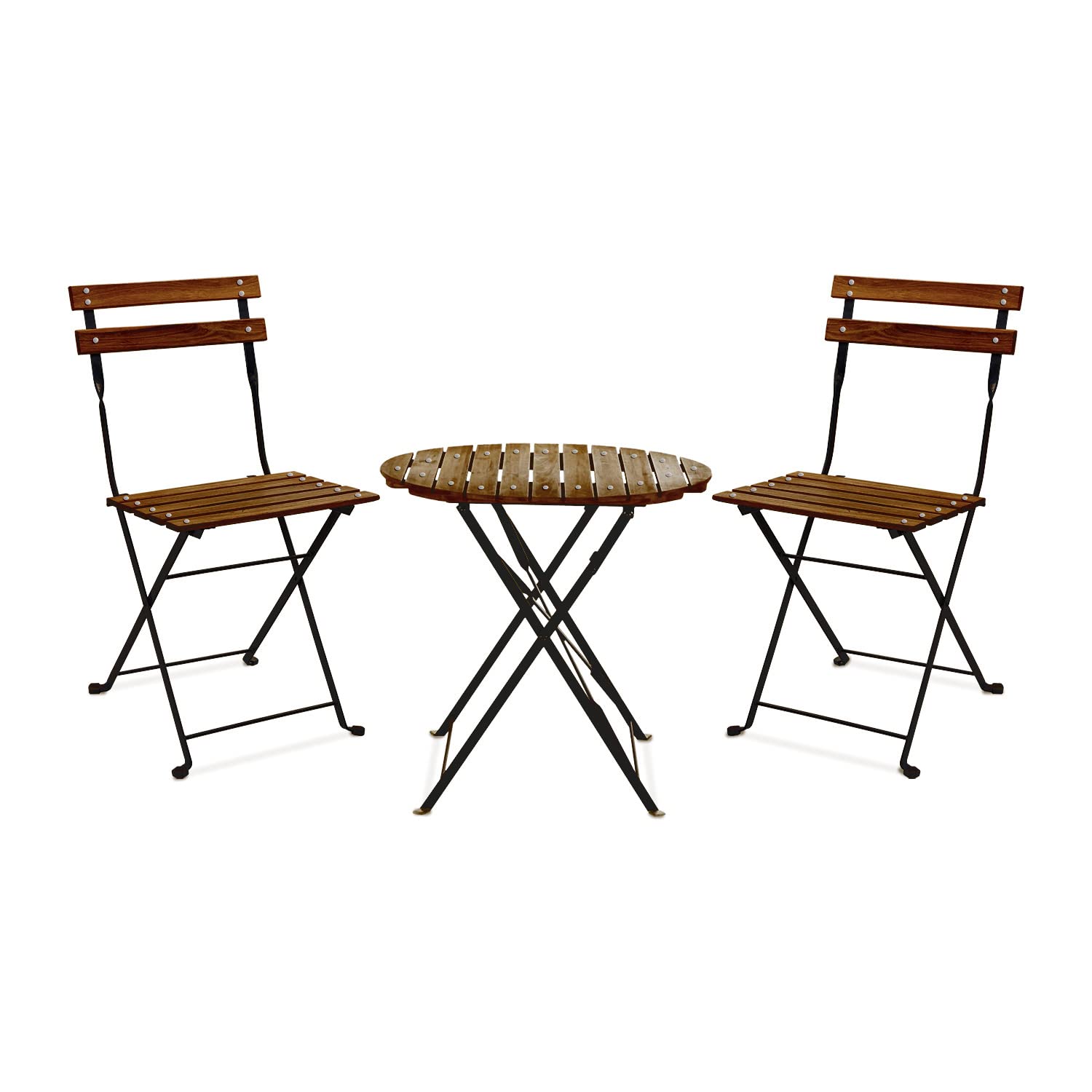 FRANKYSTAR Avolio Bistrò - Set da giardino con tavolino e 2 sedie pieghevoli in acciaio e legno con finitura effetto teak. Bistrot set da esterno in stile retrò