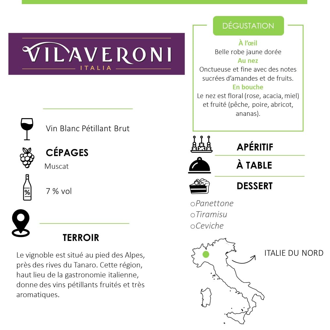 Vilaveroni Moscato Dolce - Vino blanco espumoso italiano dulce - Pack 6 botellas x 75cl - 100% Moscato del Piamonte, frutal, floral, ideal aperitivo, brunch y postre