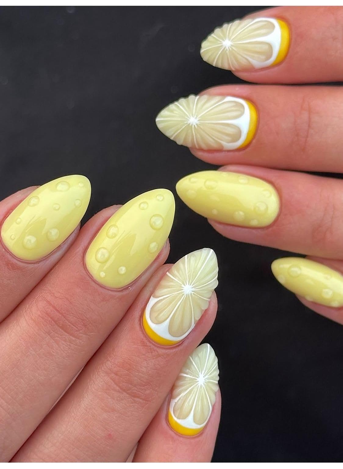 Hand made Press-On Nails, Lemon Slice Design, Yellow, Almond Shape, with Free Application Kit-image-25