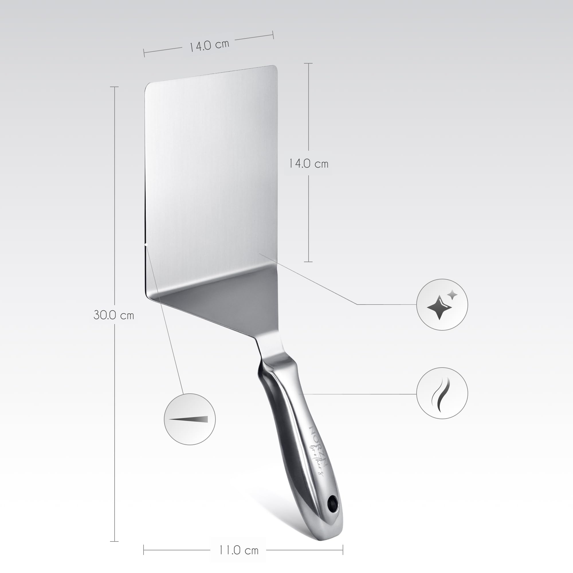 Spatola Piastra Acciaio Inox – Spatola Cucina Grande Flessibile con Gradiente e Finitura a Specchio, Barbecue BBQ, Griglia, Teppanyaki, Lavabile Lavastoviglie, Cert. Alimentare, Garanzia 10 Anni