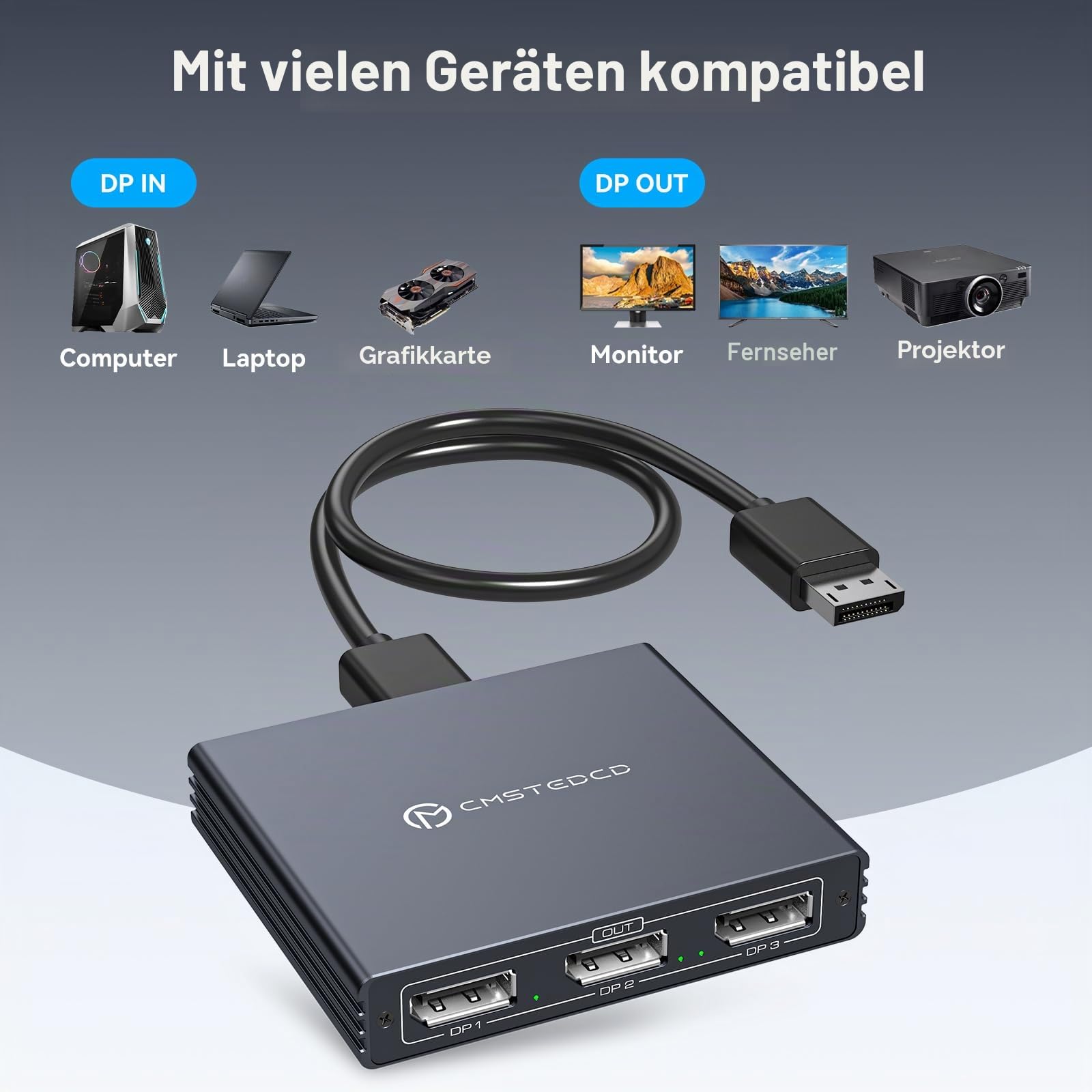 VEDINDUST DisplayPort Splitter fur 3 monitore 4K60Hz DisplayPort zu Dreifaches DP Splitter 1 In 3 Out Unterstützt SST und MST Extended Display Nur für Windows