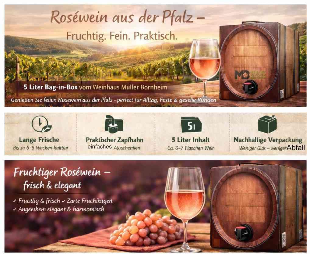 Weinhaus Müller Bornheim Spätburgunder Rosé Trocken Bag in Box 5L Pfalz | Länger frisch als jede Glasflasche – Zapfhahn inklusive, bruchsicher, nachhaltig & recyclebar